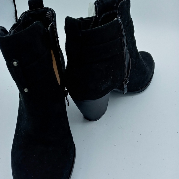 Torrid Black Wood Block Heel Bootie with Buckle studs and strap accents zip up - Picture 6 of 11